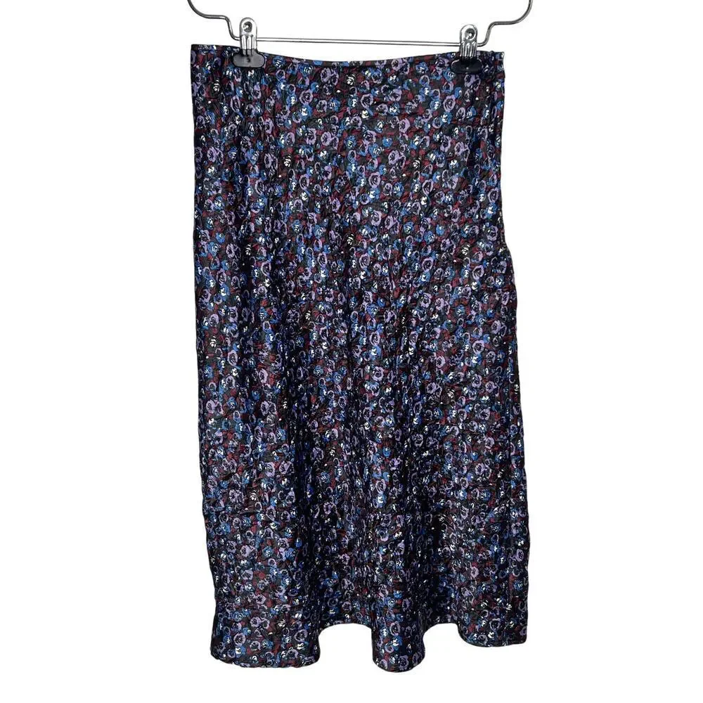 Ganni Floral Print Crinkled Stretch Satin Pencil Midi Skirt Black/Purple/Blue 40 - Picture 2 of 11